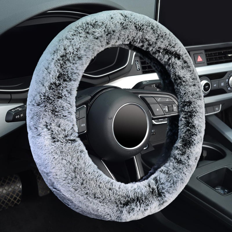 KAFEEK Frost Fluffy Microfiber Plush Steering Wheel Cover for Winter Warm, Universal 15 inch Soft Fuzzy Steering Wheel Cover,Cool Black - Image 1